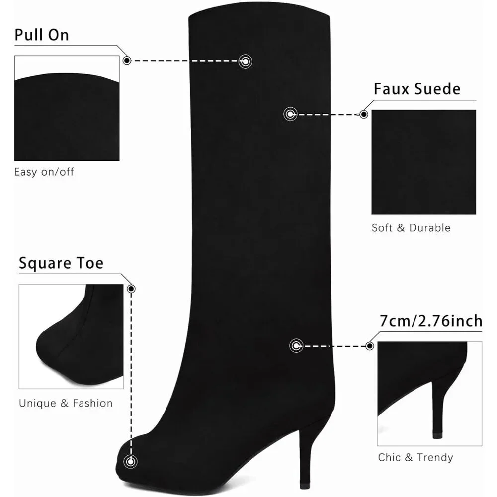 Women's Black Wide Calf Square Toe Stiletto Heels Knee High Suede Boots